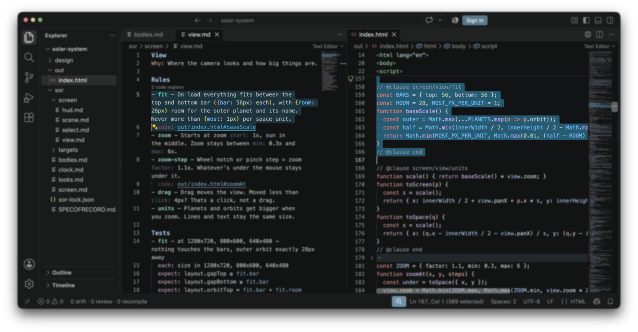 VS Code with a spec file on the left and the code on the right. The fit clause is selected in the spec and its code region is highlighted in the code.